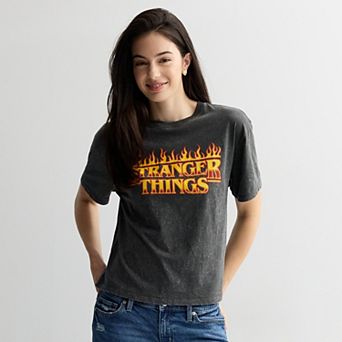 Juniors' Stranger Things Flames Title Logo Skimmer Graphic Tee