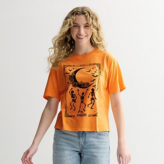Juniors' The Moon And Skeletons Halloween Tarot Card Skimmer Graphic Tee