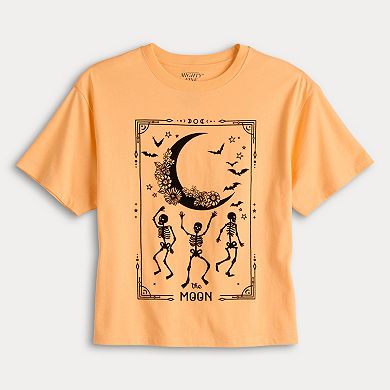 Juniors' The Moon And Skeletons Halloween Tarot Card Skimmer Graphic Tee