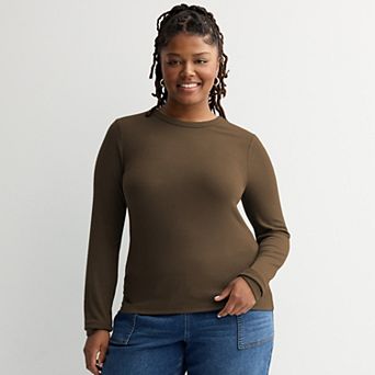 Juniors' Plus Size SO® Long Sleeve Rib Crew Top