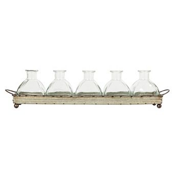 Storied Home Distressed Rectangular Tray with Handles & Glass Vases 6 pc Set