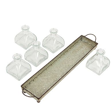 Storied Home Distressed Rectangular Tray with Handles & Glass Vases 6-pc. Set