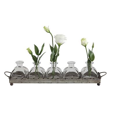 Storied Home Distressed Rectangular Tray with Handles & Glass Vases 6-pc. Set