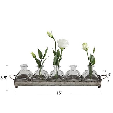 Storied Home Distressed Rectangular Tray with Handles & Glass Vases 6-pc. Set