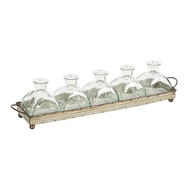 Storied Home Distressed Rectangular Tray with Handles & Glass Vases 6-pc. Set