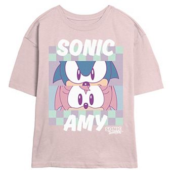 Juniors' Sonic The Hedgehog And Amy Eye Profile Checkered Background Skimmer Graphic Tee