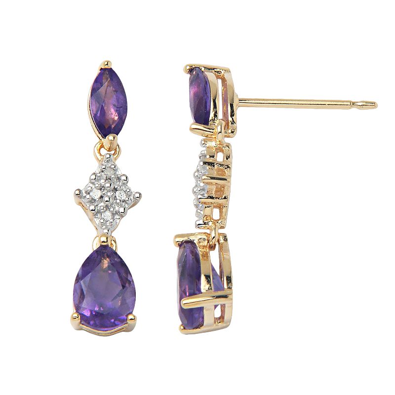 18k Gold-Over-Silver African Amethyst and Diamond Accent Linear Drop Earrin