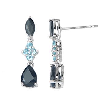 Classic Treasures Sterling Silver Sapphire and Swiss Blue Topaz Linear Drop Earrings