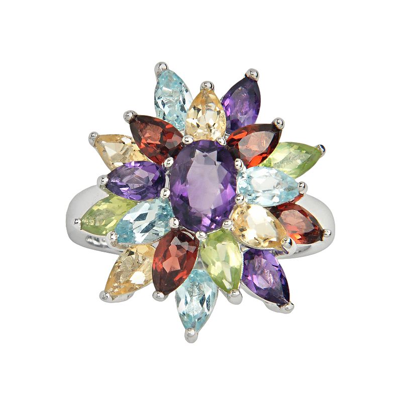 Sterling Silver Gemstone Floral Cluster Ring, Womens, Size: 6, Multicolor