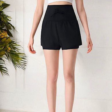 Women's High Waist Double Layer Running Shorts with Drawstring Closure and Mesh Detail