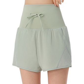 Women's High Waist Double Layer Running Shorts with Drawstring Closure and Mesh Detail