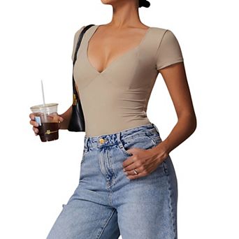 Women's Short Sleeve Sweetheart Neckline Bodysuit with Slim Fit and Stretch Fabric