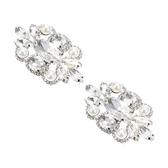 2 pc Faux Crystal Shoe Buckle, Rhinestone Shoe Buckle, Shoe Clips, 2.56"x1.38", Silver Tone