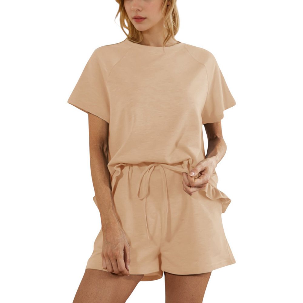 Sweater Set For Women L High Waist Short Sleeve Round Neck Lounge Set Retro Solid Color Knitted Wide Leg Matching 2Pcs/Set, Apricot