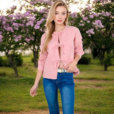 Women's Tie Front Knit Cardigan with Long Sleeves and Open Front Design
