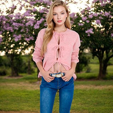 Women's Tie Front Knit Cardigan with Long Sleeves and Open Front Design
