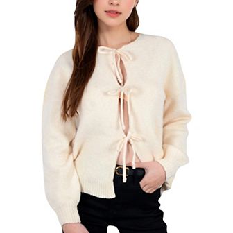 Women's Tie Front Knit Cardigan with Long Sleeves and Open Front Design