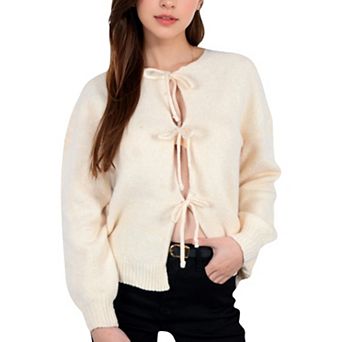 Women's Tie Front Knit Cardigan with Long Sleeves and Open Front Design