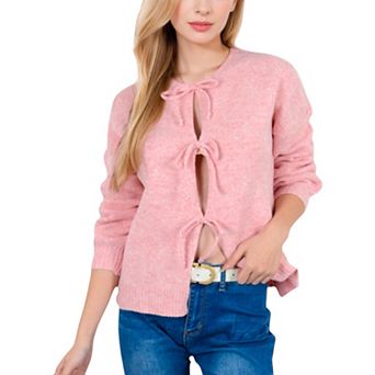 Women's Tie Front Knit Cardigan with Long Sleeves and Open Front Design