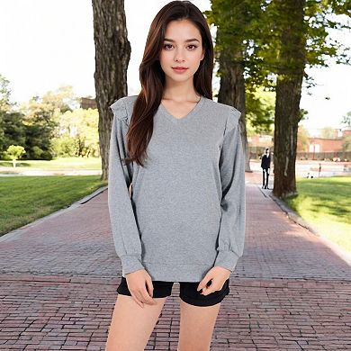 Women's Long Sleeve V-Neck Top with Ruffled Shoulder Detail