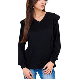 Women's Long Sleeve V-Neck Top with Ruffled Shoulder Detail
