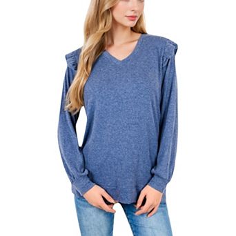 Women's Long Sleeve V-Neck Top with Ruffled Shoulder Detail
