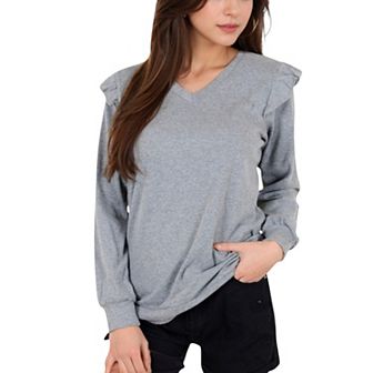 Women's Long Sleeve V-Neck Top with Ruffled Shoulder Detail