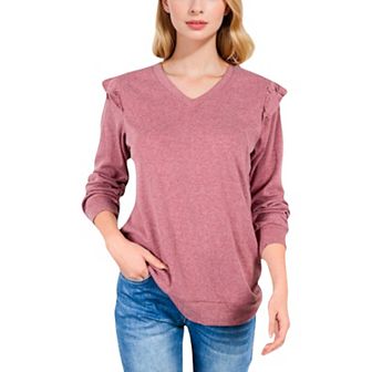 Women's Long Sleeve V-Neck Top with Ruffled Shoulder Detail