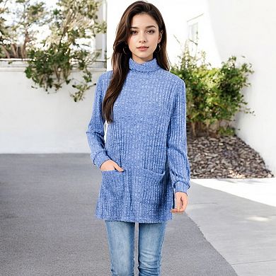 Women's Ribbed Knit Turtleneck Tunic Sweater with Front Pockets