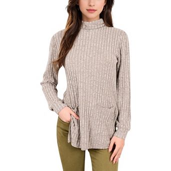 Women's Ribbed Knit Turtleneck Tunic Sweater with Front Pockets