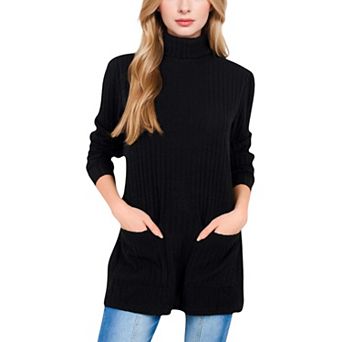 Women's Ribbed Knit Turtleneck Tunic Sweater with Front Pockets
