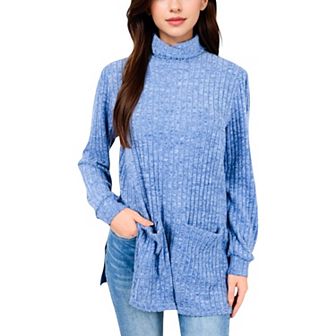 Women's Ribbed Knit Turtleneck Tunic Sweater with Front Pockets