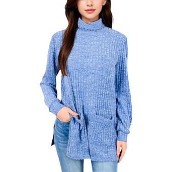 Women's Ribbed Knit Turtleneck Tunic Sweater with Front Pockets