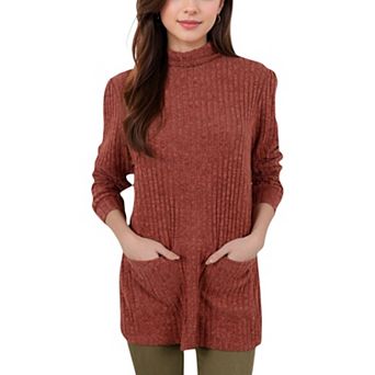 Women's Ribbed Knit Turtleneck Tunic Sweater with Front Pockets