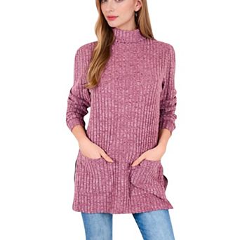 Women's Ribbed Knit Turtleneck Tunic Sweater with Front Pockets