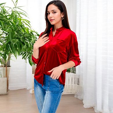 Women's Long Sleeve Velvet Button-Up Shirt with Chest Pocket