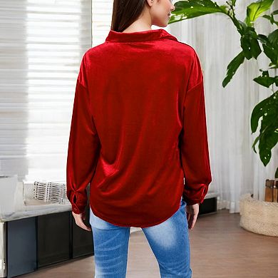 Women's Long Sleeve Velvet Button-Up Shirt with Chest Pocket