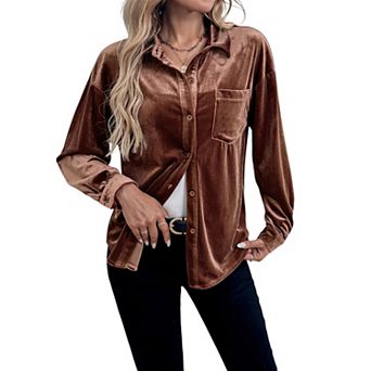 Women's Long Sleeve Velvet Button-Up Shirt with Chest Pocket