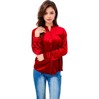 Women's Long Sleeve Velvet Button-Up Shirt with Chest Pocket