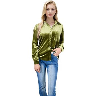 Women's Long Sleeve Velvet Button-Up Shirt with Chest Pocket