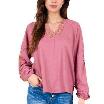 Women's V-Neck Top with Lace Trim Neckline and Sleeve Detailing
