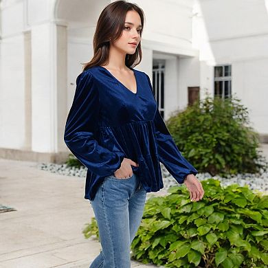 Women's Long Sleeve V-Neck Velvet Babydoll Top with Gathered Waist