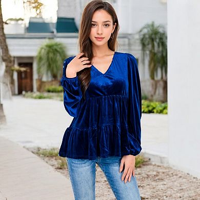 Women's Long Sleeve V-Neck Velvet Babydoll Top with Gathered Waist