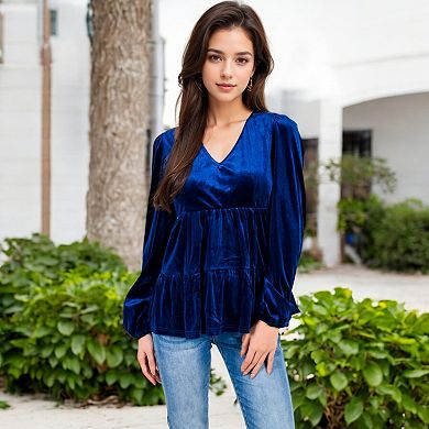 Women's Long Sleeve V-Neck Velvet Babydoll Top with Gathered Waist