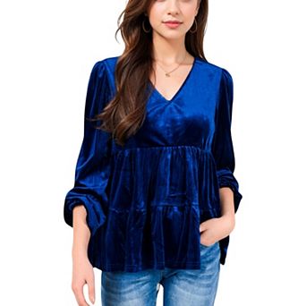 Women's Long Sleeve V-Neck Velvet Babydoll Top with Gathered Waist