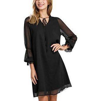Women's A-Line Chiffon Dress with Sheer Sleeves and Tie Neck Detail