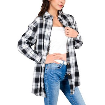 Women's Long Sleeve Plaid Button-Up Shirt Jacket with Collared Neckline