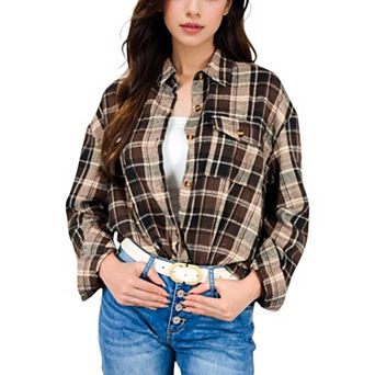 Women's Long Sleeve Plaid Button-Up Shirt Jacket with Collared Neckline