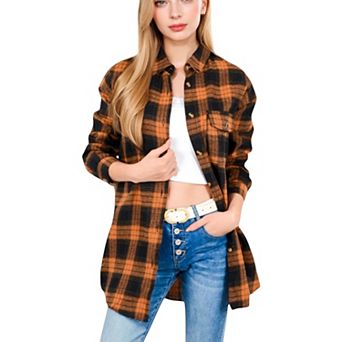 Women's Long Sleeve Plaid Button-Up Shirt Jacket with Collared Neckline