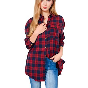 Women's Long Sleeve Plaid Button-Up Shirt Jacket with Collared Neckline